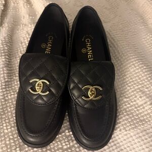 CC Quilted Black Loafers with Gold Accents